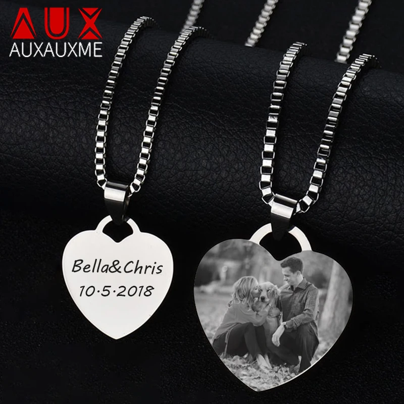 Auxauxme Custom Engrave Photo Necklace Stainless Steel Women Men Laser Engraved Name Date Logol Picture Box Chain Choker Jewelry