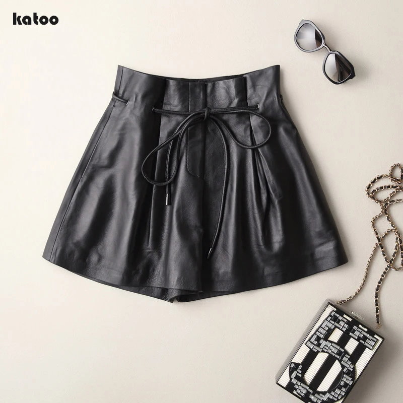 Fashion Black Genuine Leather Shorts Spring Women High Waist Belt Slim Sheepskin Wide Leg Casual Short Leather Pants Bermuda