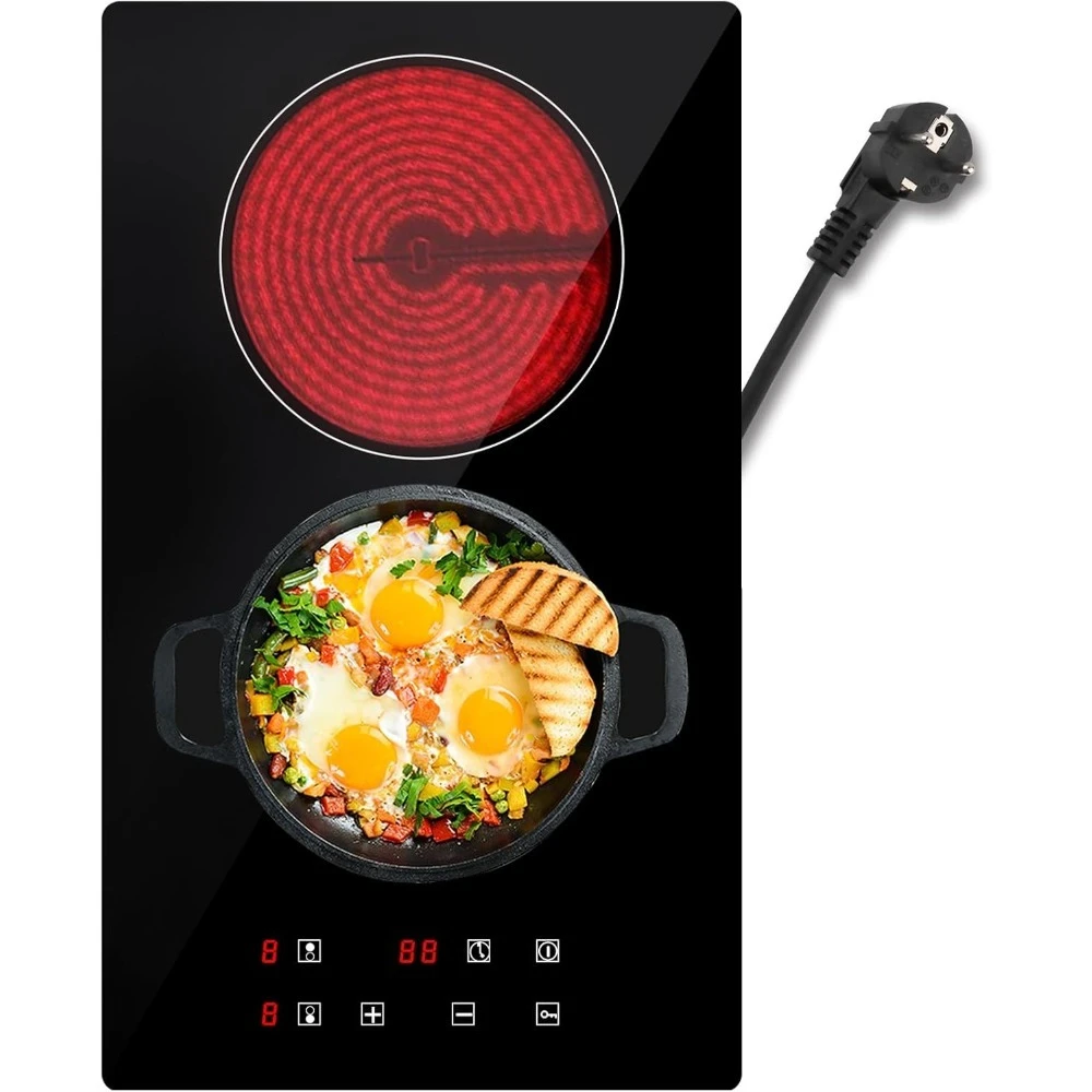 Placa vitrocerámica doble, 3000 W, 29,5 cm, 2 zonas de cocción, 9 niveles de calor, temporizador de 1-99 minutos, control táctil, apagado