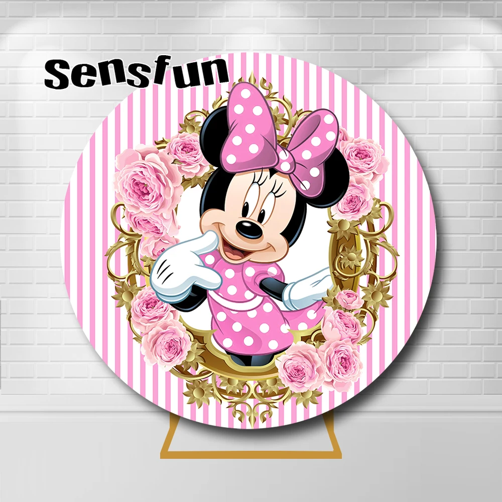 Minnie capa redonda para meninas, lindas flores rosa, chuveiro de bebê, fundo de festa de aniversário, capas plinth, moldura dourada