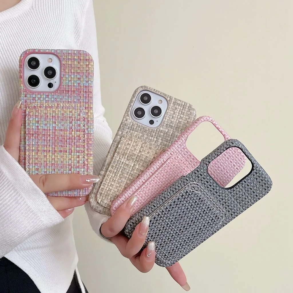 

Weave Cloth Fabric Card Holder Protective Case for iPhone 15 14 13 12 11 Pro Max Shockproof Wallet Warm Phone Cover