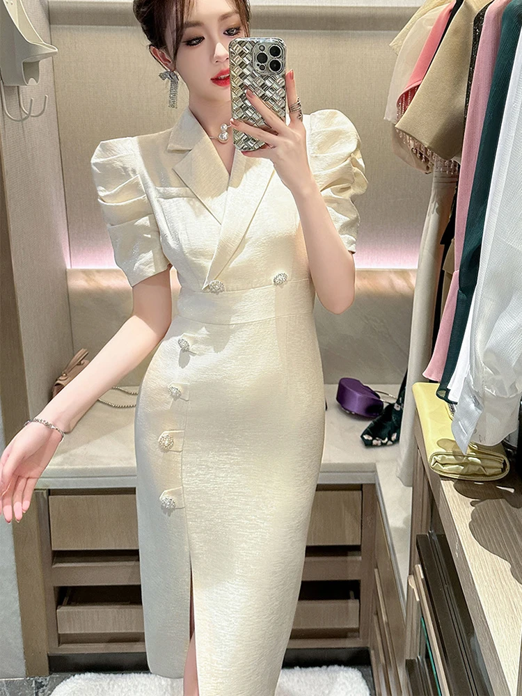 Professional Elegant Dress Women Celebrity Bright Silk Satin Bubble Sleeve Slit Robe Female Business Party Vestidos Office Lady