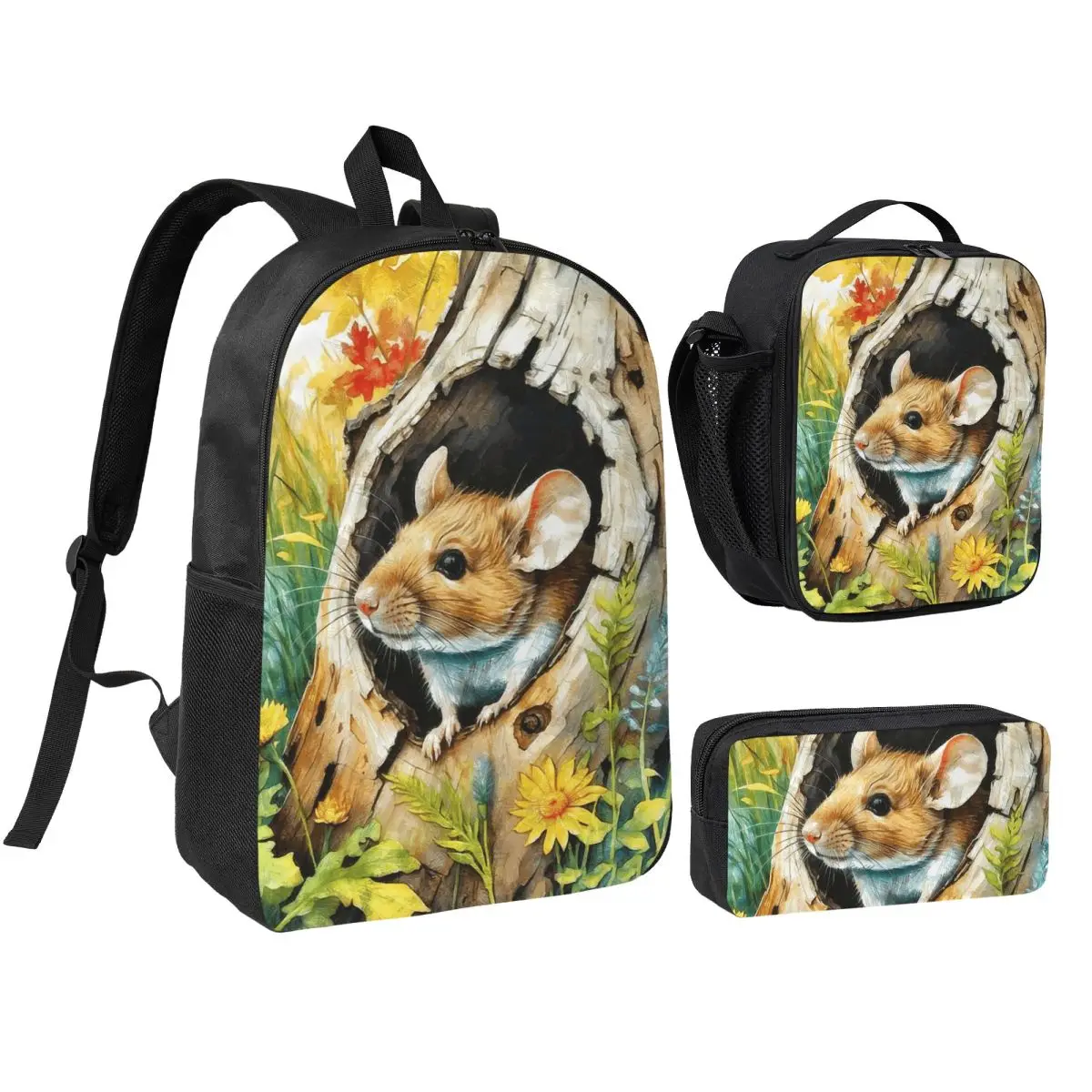 Mouse Flower Tree Hole Oil Painting Backpack Boys Girls BookBag School Bag Shoulder Bags 3ps Insulated Lunch Bag Pencil Case