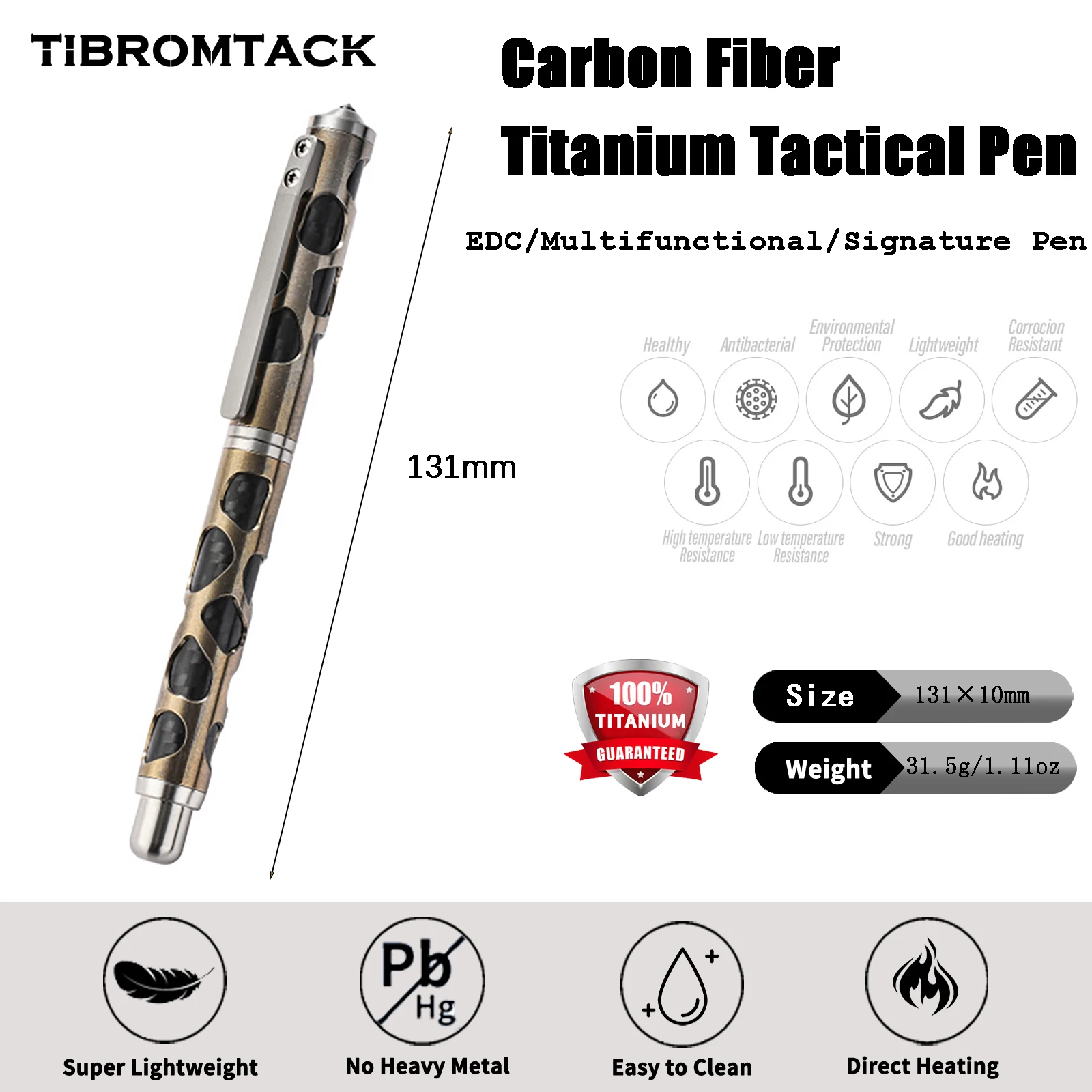 TIBROMTACK Gr5 Titanium Alloy Tactical Pen, EDC Survival Self Defense Tool with Tungsten Steel Tip, Window Breaker, 5.16×0.39 In
