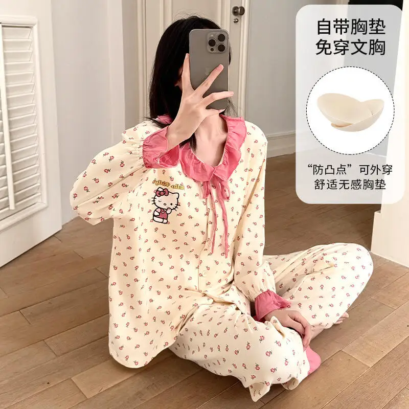 

Hot Kawaii Hello Kitty Coral Velvet Pajamas Girls Pajamas Autumn Winter Thickened Cartoon Cute Tops Casual Wear Home Clothes Set