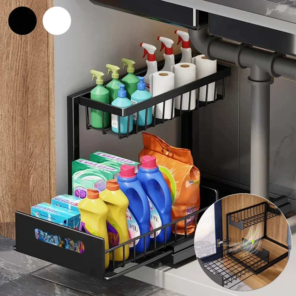 Removable Under Sink Pull Out Storage Organizer Clear 2tier Drawer Kitchen Shelf Dish Drainer Seasoning Pot Storage Cocina