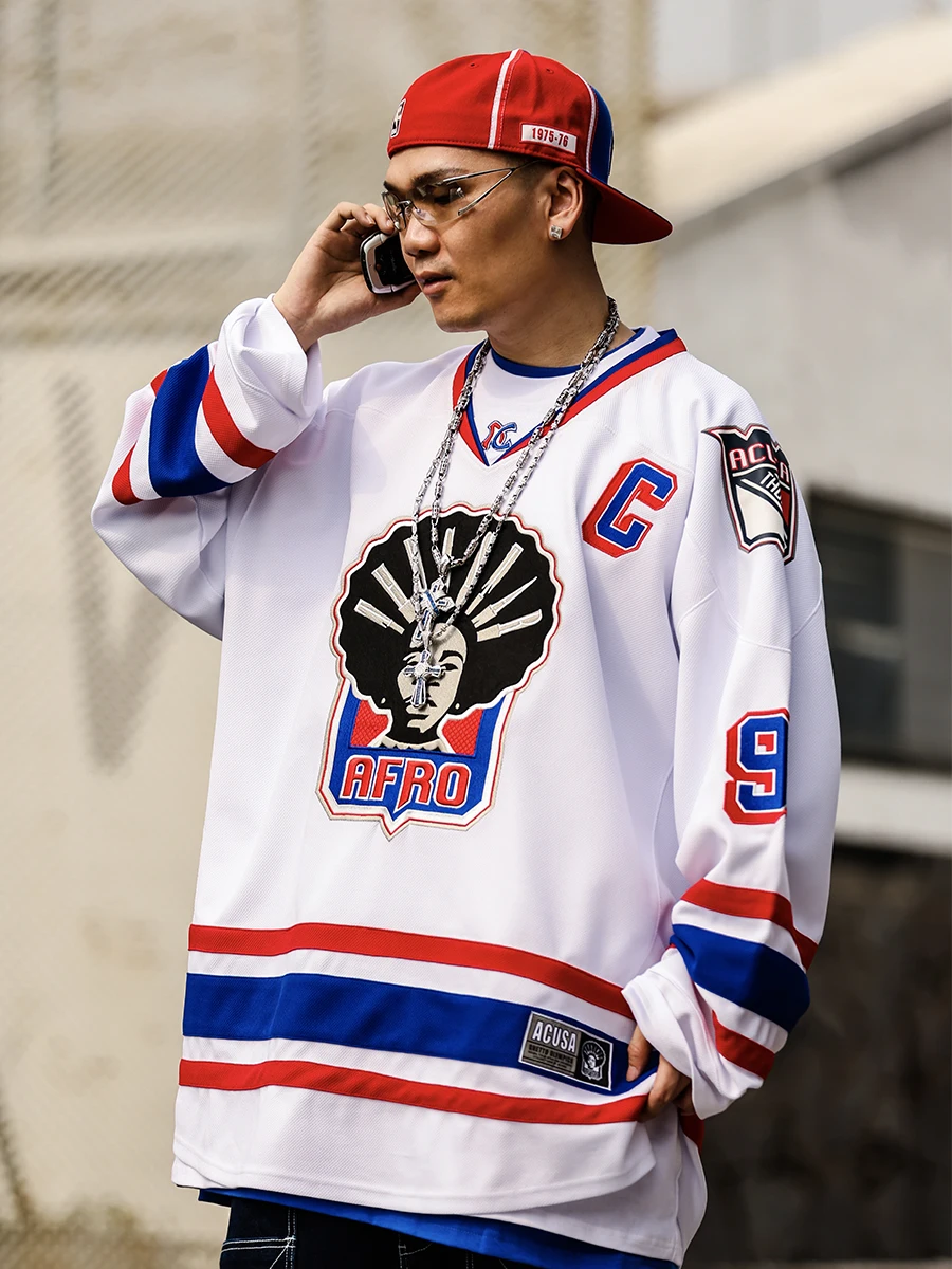 Acusa Afro Hockey Uniform Long Sleeve T-Shirt Mesh Eyelet Embroidery Print Retro Loose Fit Men's Fashion Polyester Fiber