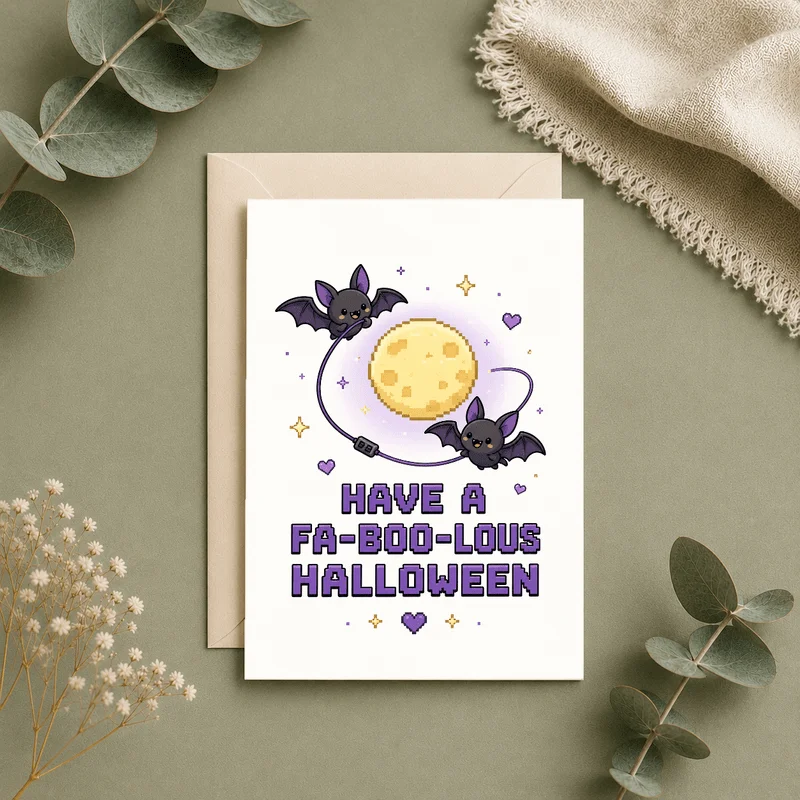 Cute pixel style Halloween greeting card, cute bat and moon design, creating an amazing Halloween holiday celebration