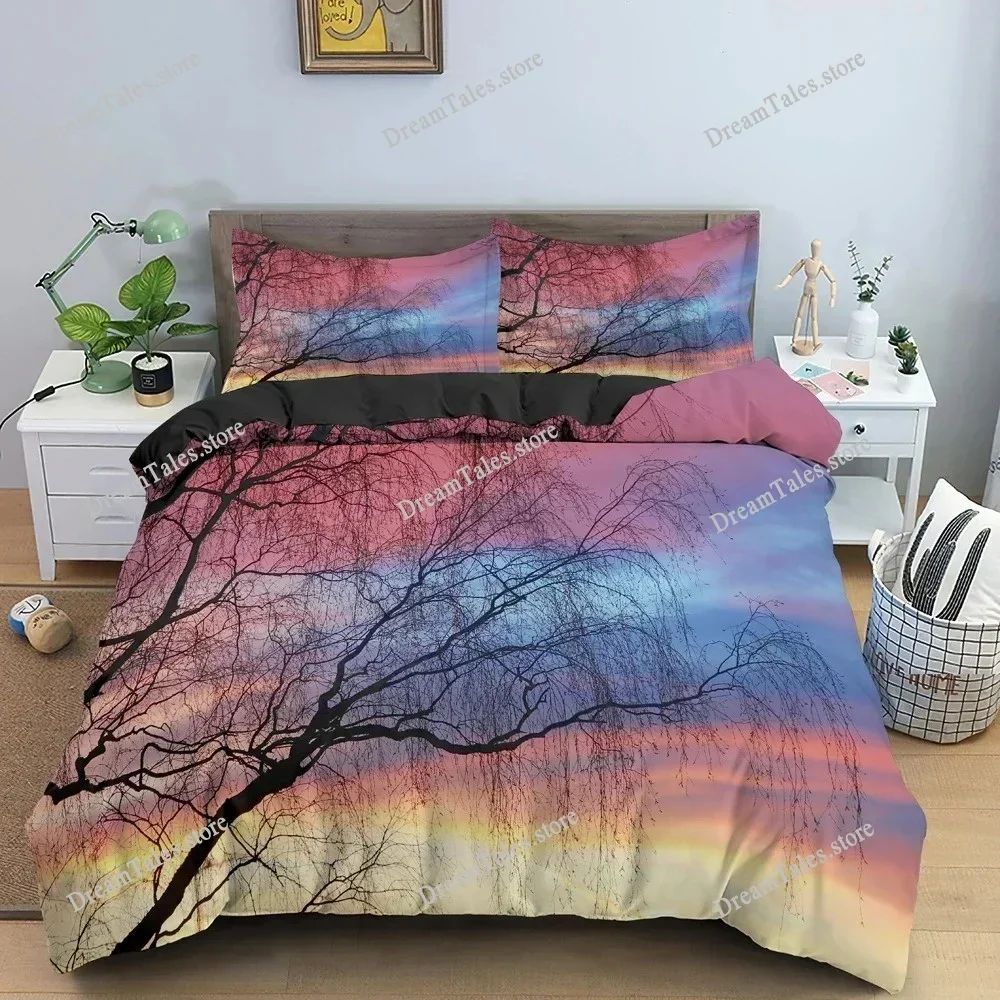 

3D Landscape Duvet Cover Bedroom Decor Luxury Bedding Set Tree Silhouette Against Sunset Sky Quilt Cover King Twin Single741