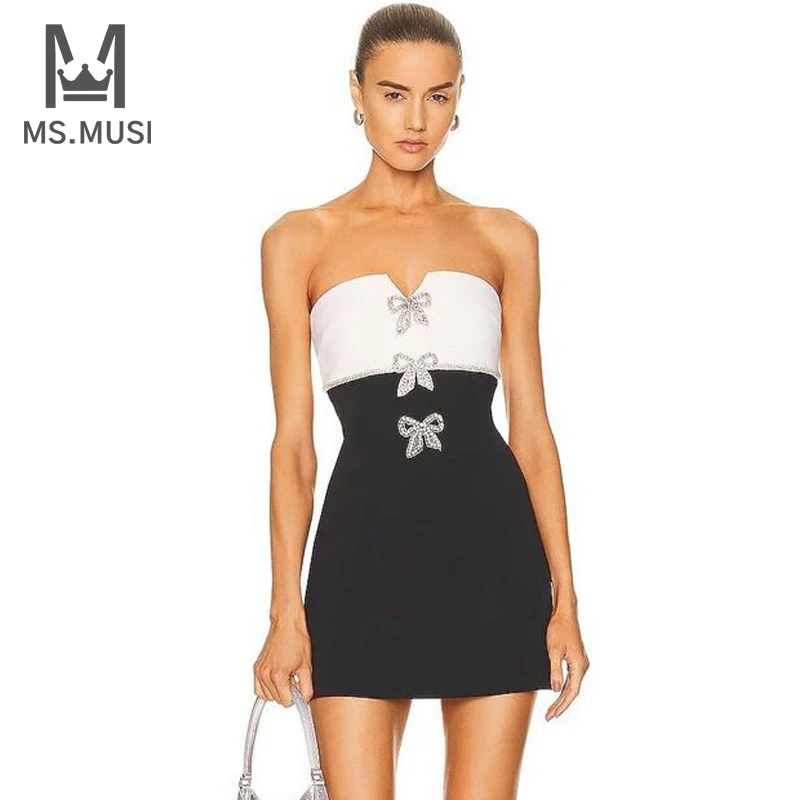 

MSMUSI 2024 New Fashion Women Sexy Strapless Crystal Bow Patchwork Sleeveless Bandage Party Club Bodycon Slim Event Mini Dress