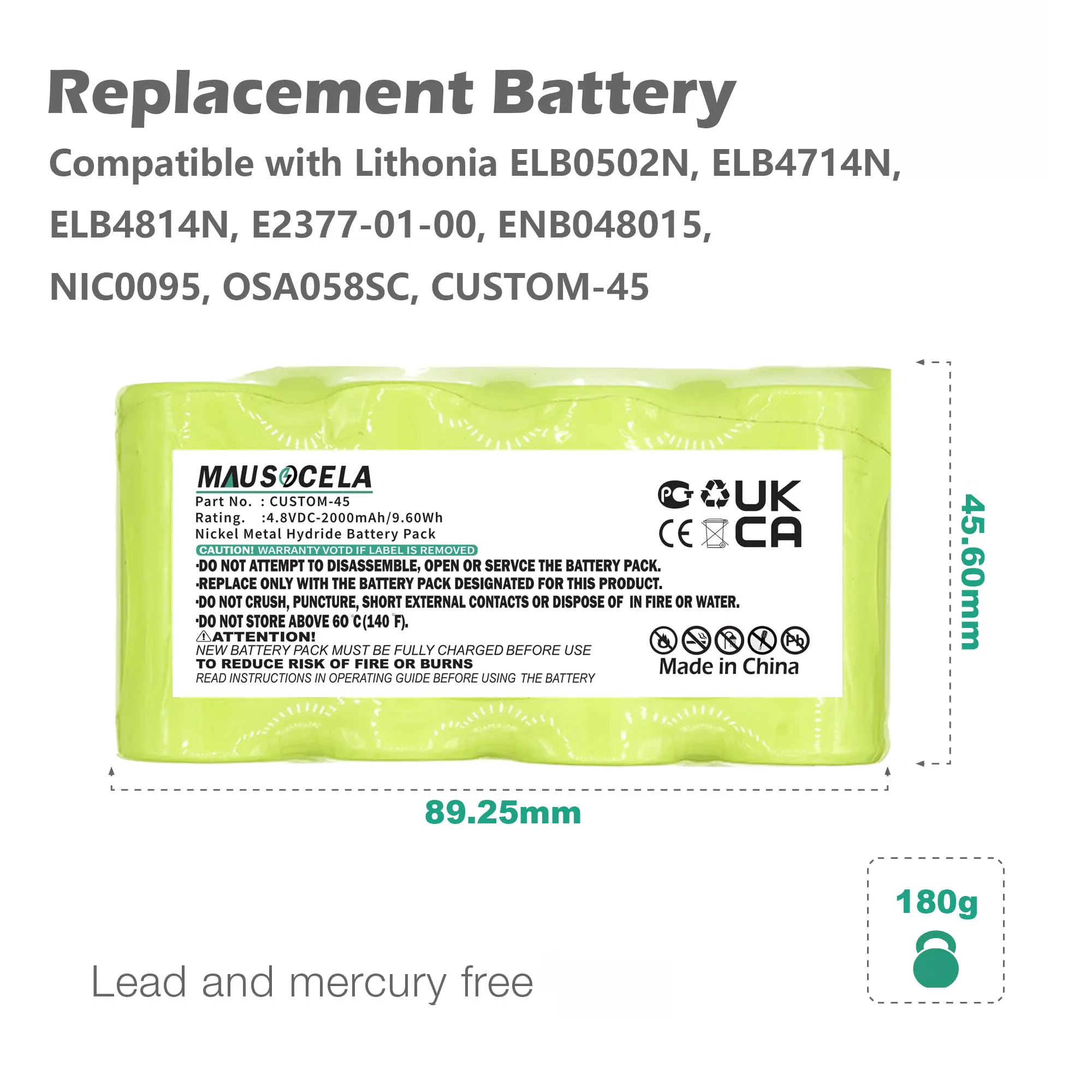 

Emergency Lighting Battery For Lithonia:4PH56,5YB73,CUSTOM-45,ELB 4814N,ELB0502N,ELB4714N,ELB4814N,ENB048015,NIC0095,OSA058SC