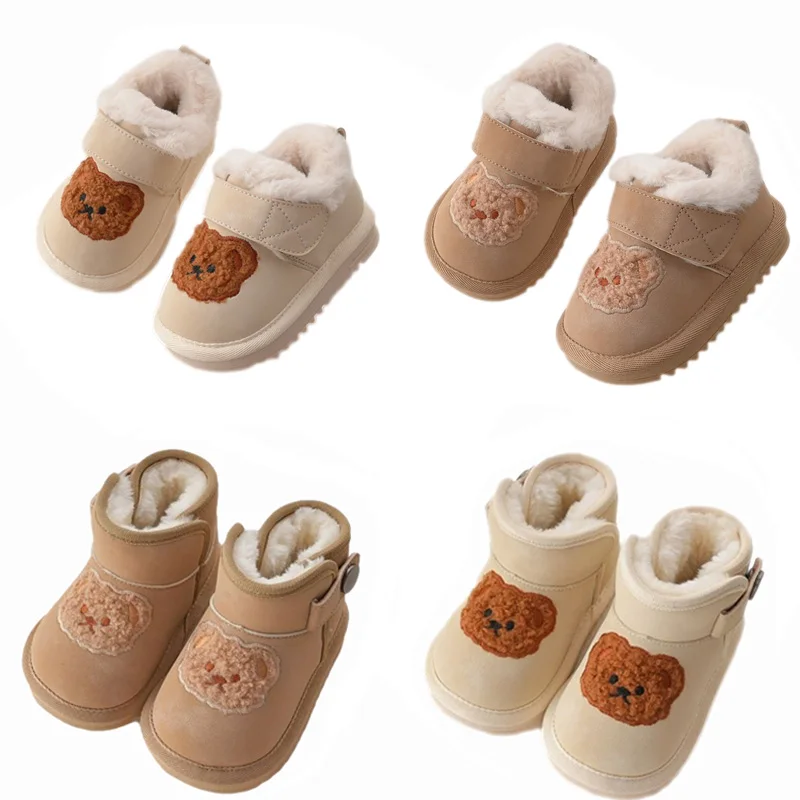 2023 Winter Children Snow Boots Cartoon Bear Embroidery Thick Fleece Warm Boot Boys Girl Toddler Shoes Fashion Korean Kids Boots