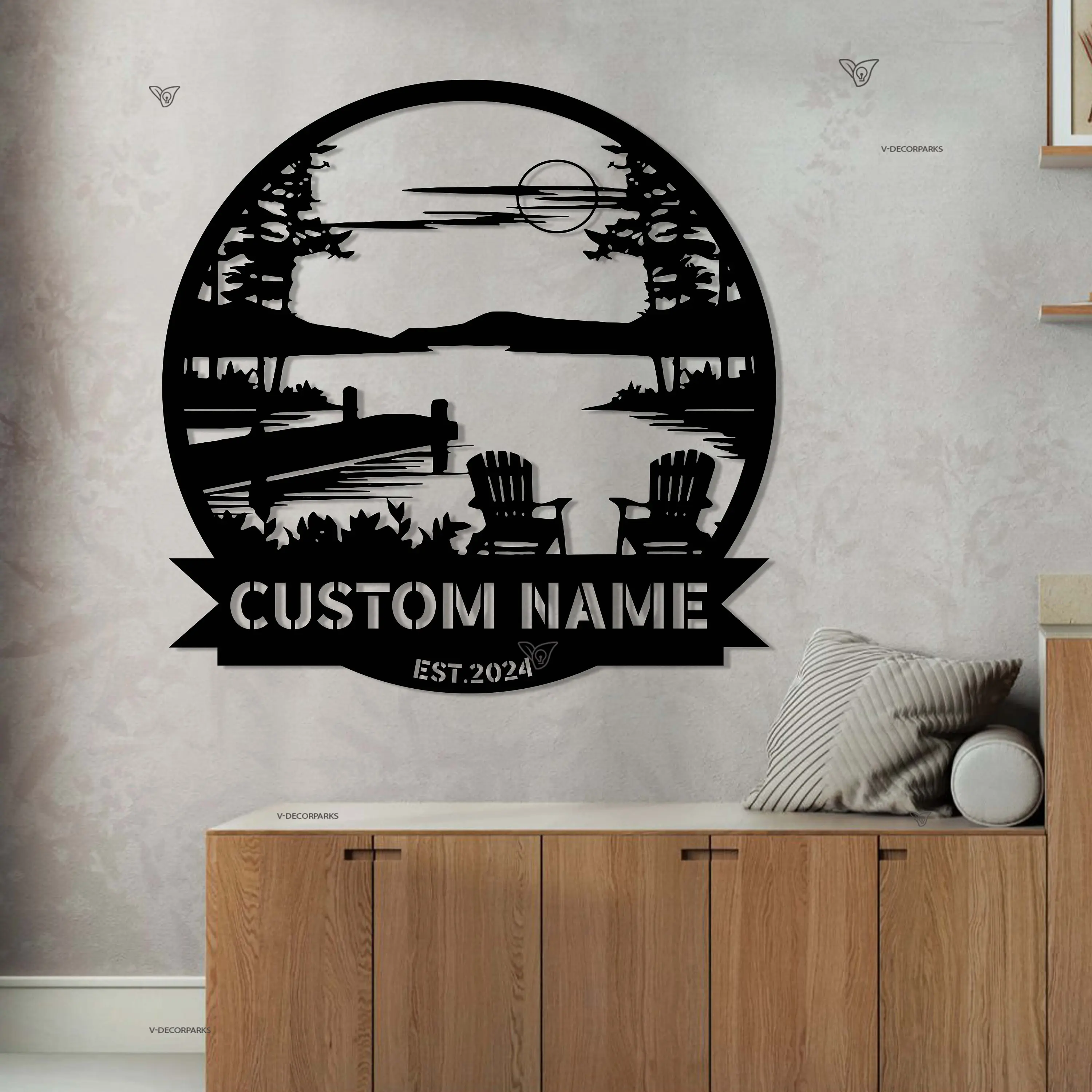 Custom Lake House Sign Campsite Monogram LAKE SCENE Last Name Sign Address Sign Lake House Sign Campfire