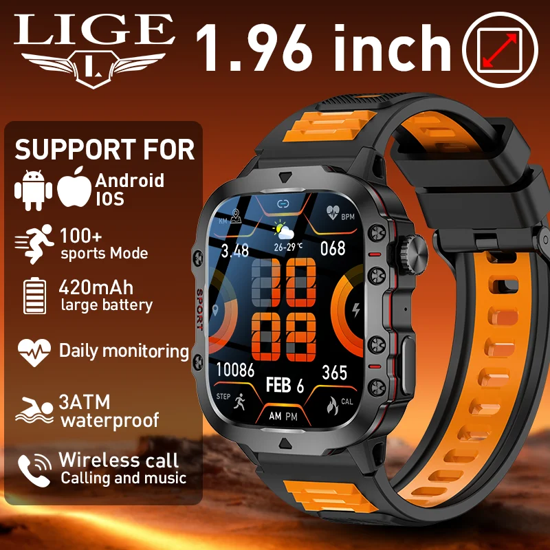 

Смарт-часы LIGE в стиле милитари для мужчин, для занятий спортом на открытом воздухе, водонепроницаемые 3ATM, с функцией измерения уровня кислорода в крови, Bluetooth-вызовы, мужские смарт-часы для Android, новинка