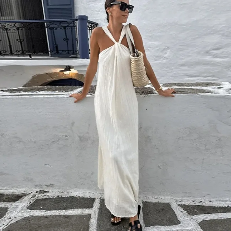 Vestido longo branco Cross Halter feminino, Monocromático, Sem mangas, Sem costas, Solto, Casual, Moda praia de rua, Elegante, Férias, Verão, 2024