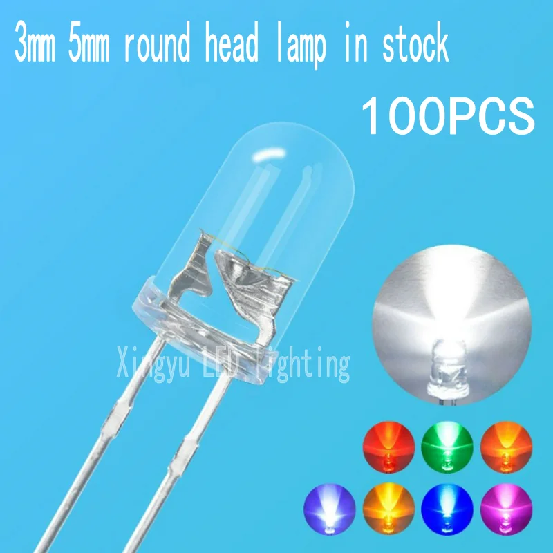 100-1000PCS  F3/F5 3mm/5mm transparent light bead white red blue emerald green direct insertion LED High brightness