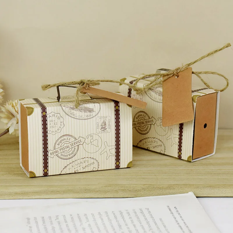10p Mini Suitcase Candy Boxes with Rope Travel Theme Stamp Decor Kraft Paper Drawable Box Wedding Birthday Gift Packaging Supply