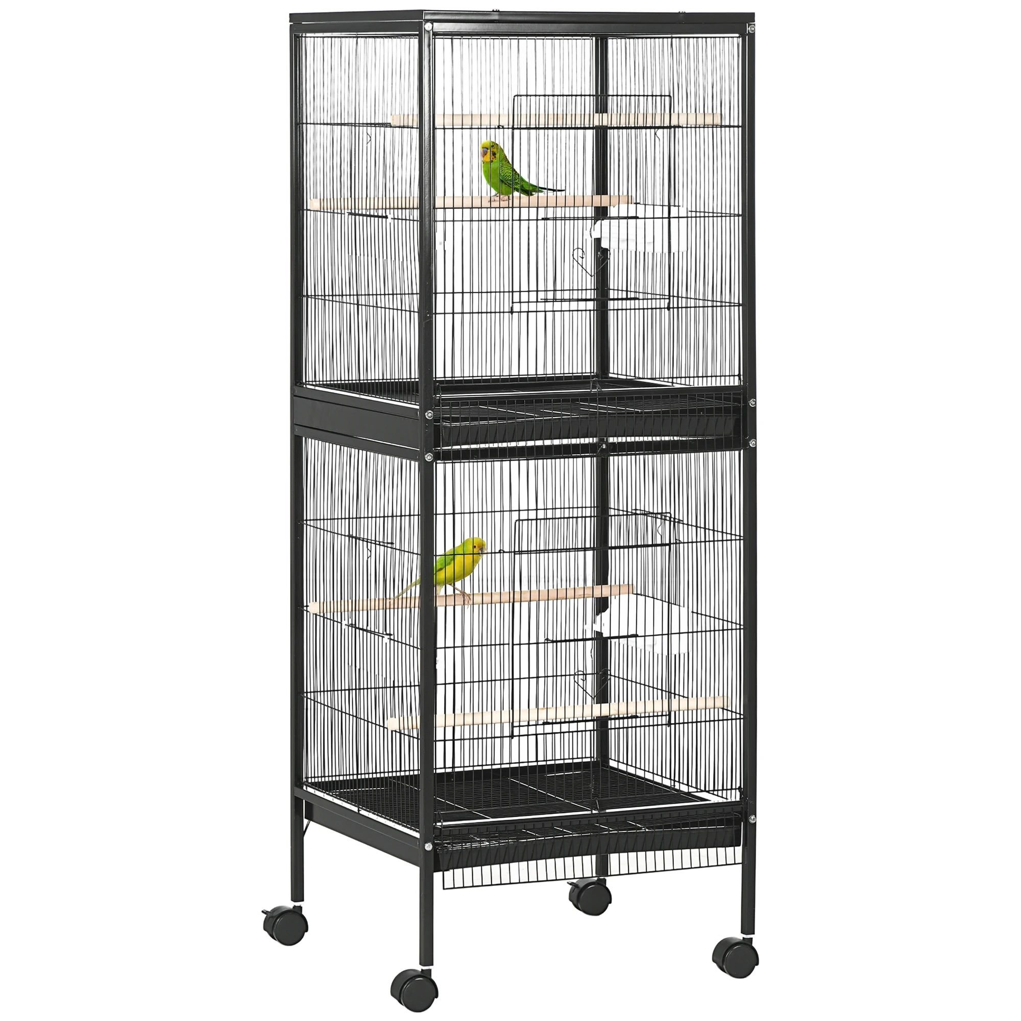 PawHut Jaula para Pájaros de 2 Niveles con Ruedas Bandejas Extraíbles Negro
