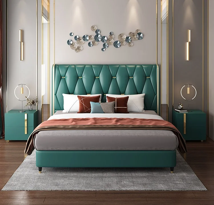 ！@Luxury  King Beds Frame Modern Gold Metal Wood Home Wedding Hotel Bed Luxury Leather Revolving Sleeping Storage Queen Double
