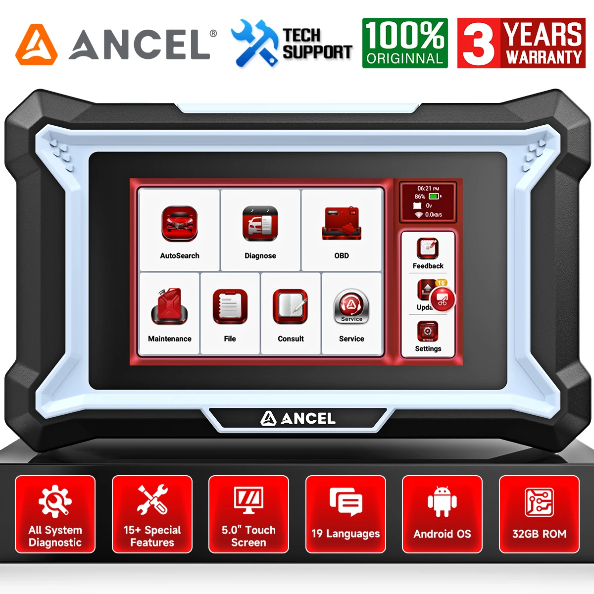 

Ancel DS200 5'' OBD2 Auto Scan Tools 4 System with A/F TPMS DPF Regen ABS Battery Matching Oil SAS EPB 15 Reset Car Scanner