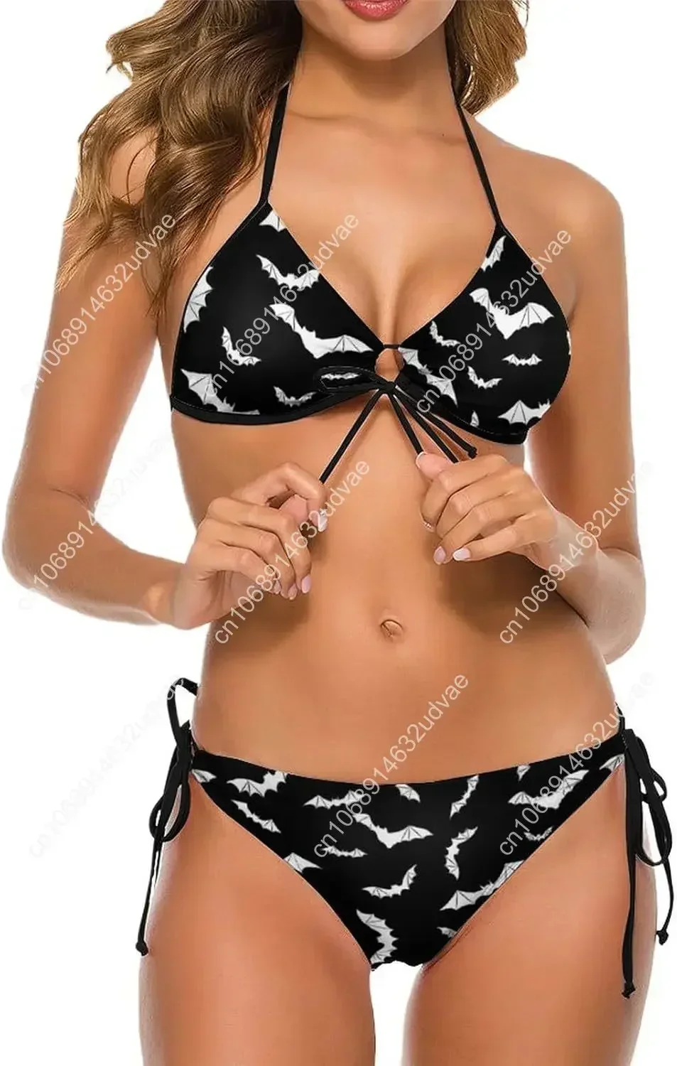 Bats Halloween Goth Adjustable Halter Bikini Set Tankini Women Girl Swimsuits 2 Piece Triangle Sexy Lace Up Bra Swimwear