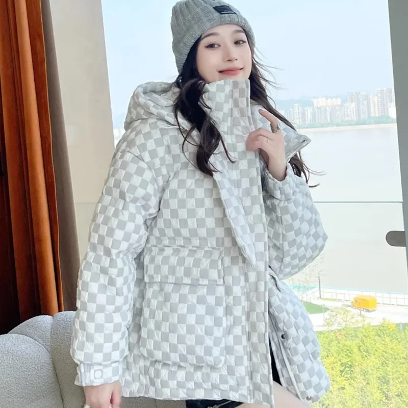 Women's Checkerboard Pattern Hooded Short Down Jacket, Warm Winter Coat, Thick, Loose, Casual, White Duck Down, Outwear