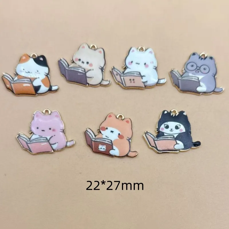 10pcs New Fashion Cute Read Book Cat Enamel Charms Colorful Cartoon Learned Animal Pendants For Making Handmade DIY Jewelry