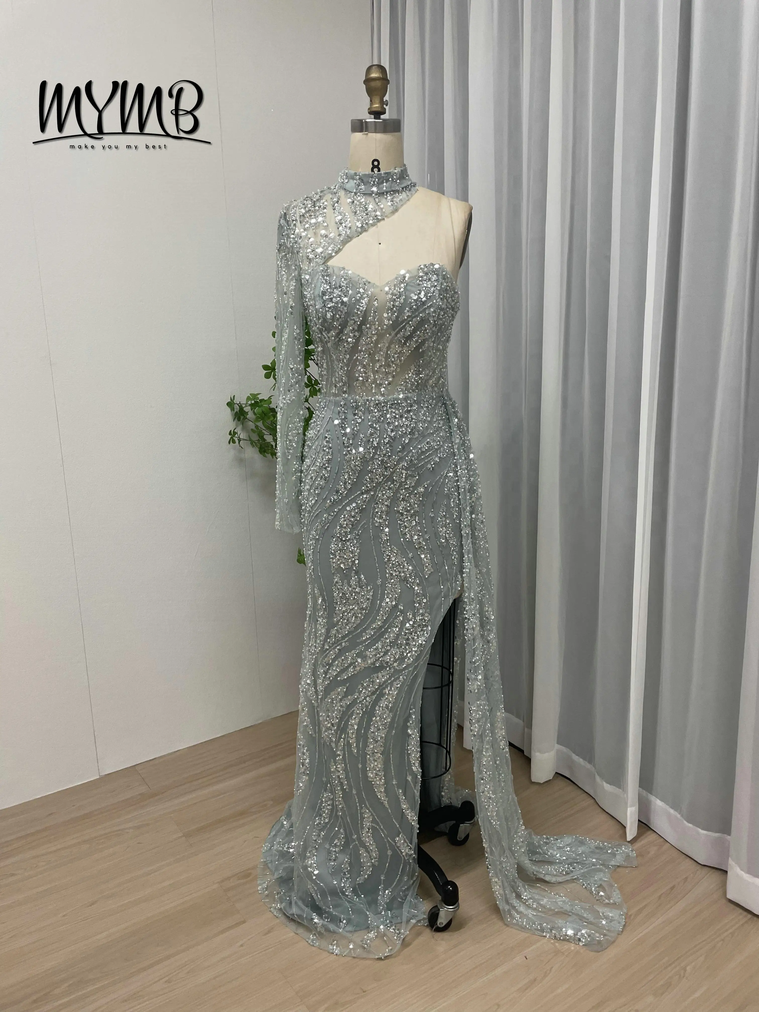 MYMB Stilvolles One-Shoulder-Meerjungfrau-Abschlussballkleid mit Schlitz, individuelles Langarm-Hochzeitskleid in Übergröße für Frauen MY30033