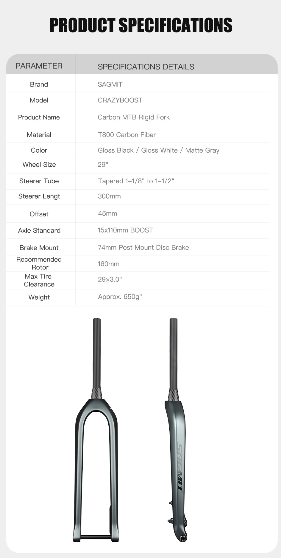 SAGMIT T800 Carbon MTB Starrgabel 29 Zoll x 3,0'' Breite Reifen Ultraleicht BOOST 15x110mm Konisch 39,6mm Fahrradteil – Detail 3