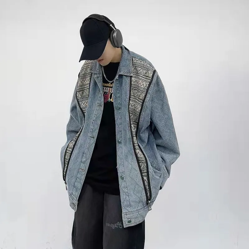 Unisex Denim Jackets Men Vintage Autumn Hip Hop Chic All-match Loose Popular Streetwear Couples Outwear American Style Patchwork