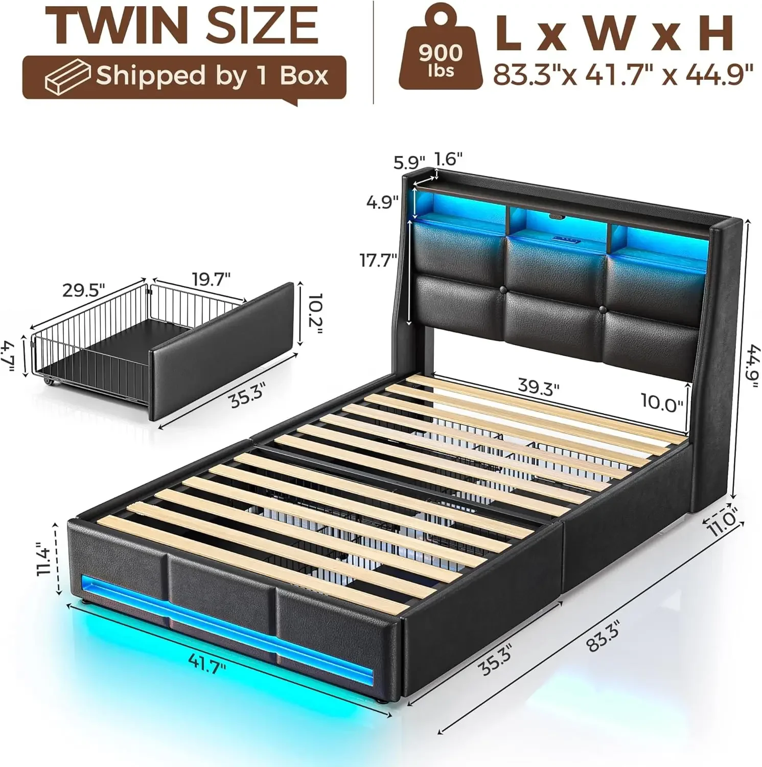 Twin Size Bed Frame with LED Lights and Charging Station, PU Leather Bed Storage Headboard & Drawers, Heavy Duty Wood