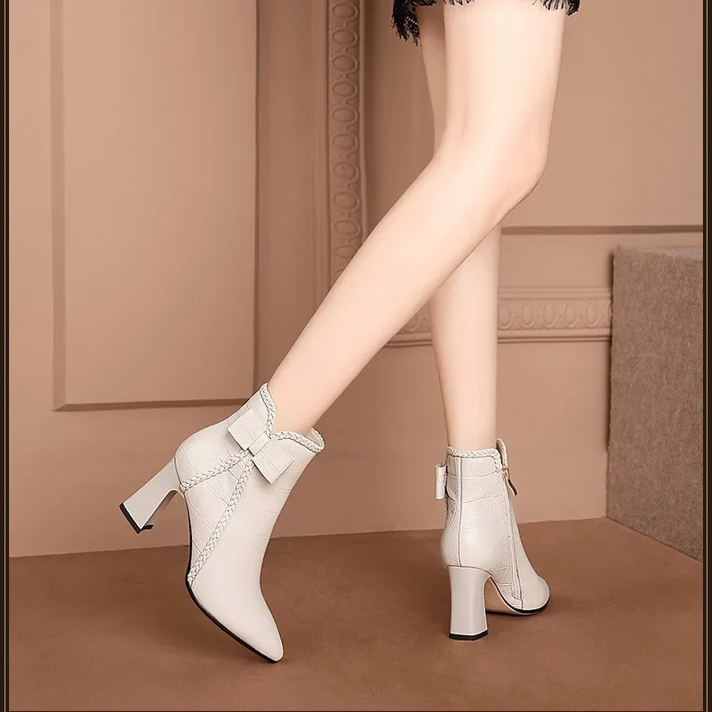 White Black High Heel Ankle Boots Women 2024 Pointed Toe Keep Warm Elegant Short Booties Ladies Ankle Buckle Decoration