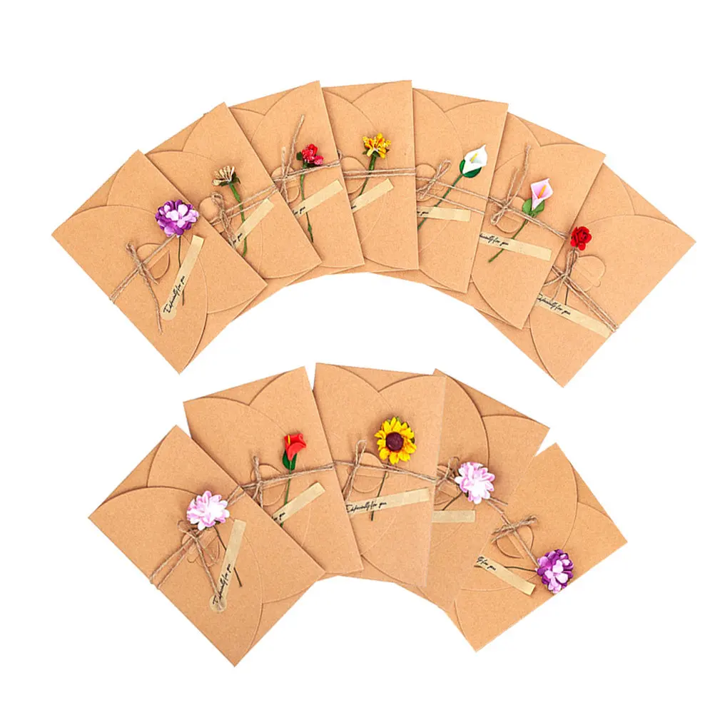 

12Pcs Flower Greeting Cards with Envelopes Vintage Kraft Paper Smooth Writing Surface Romantic Festival Blessing Thank You Card