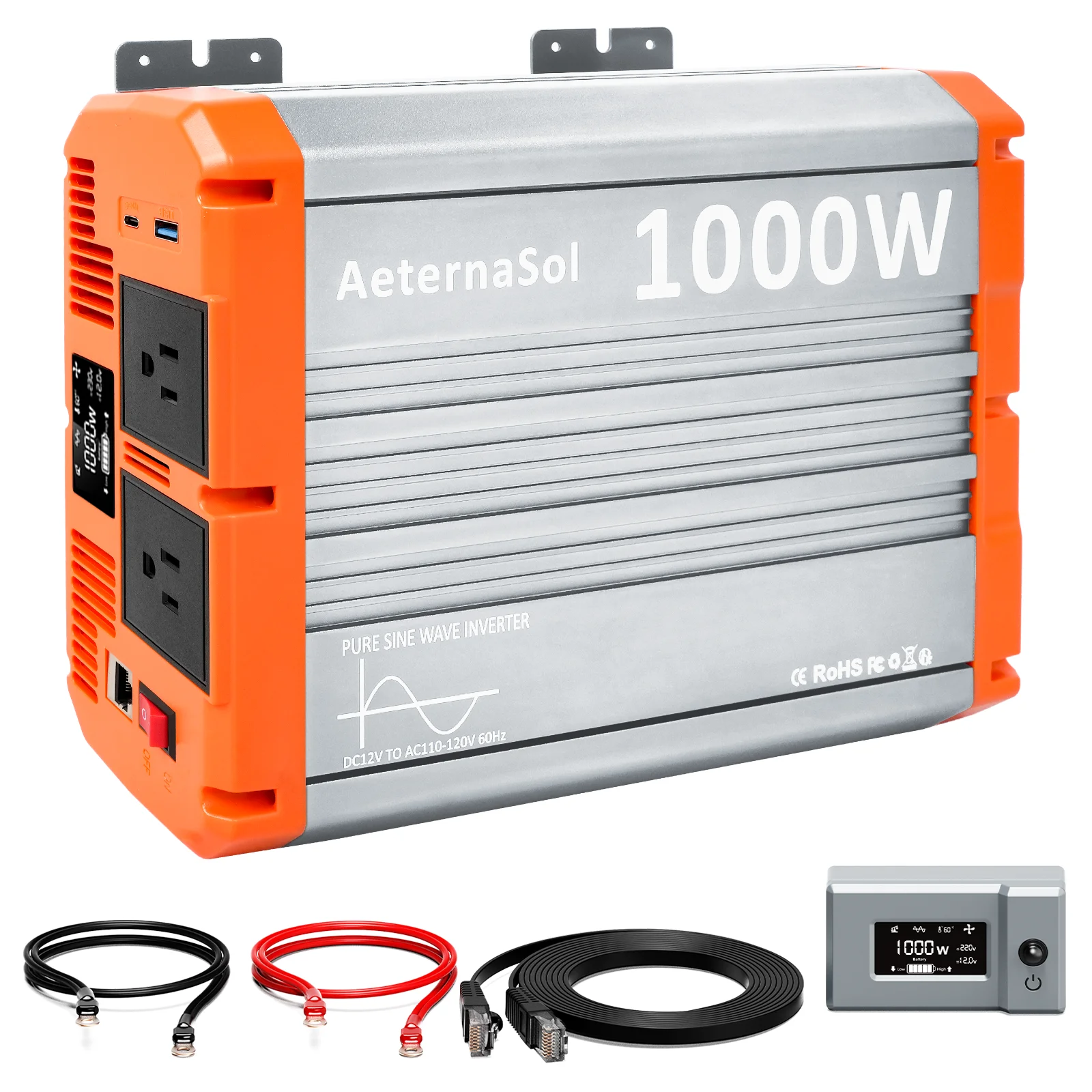 1000W Pure Sine Wave Inverter DC 12V to AC 110V/120V 2000W Peak Power with Remote Control RV Power Converter 2 AC Outlets Solar Inverter Off-Grid Camping Emergency Backup Power