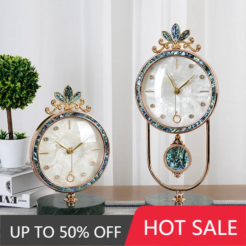 Natural Shells Desktop Clock Light Luxury Table Clock Living Room Marble Round Table Watch Fashion Home Decoration Ornaments