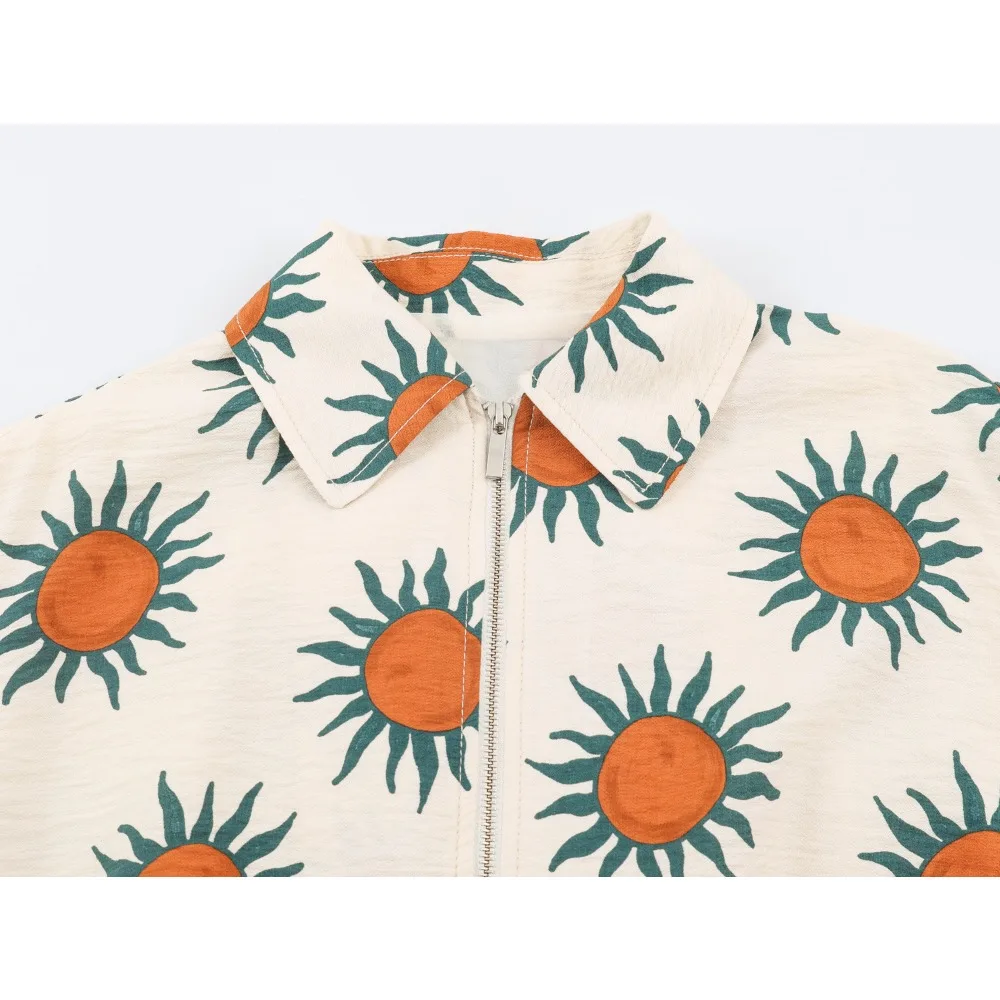 Stylish Women's Printed Bomber Jackets with Elastic Drawstring Hem New in Lapel Collar Zippered Jackets with Double Welt Pockets