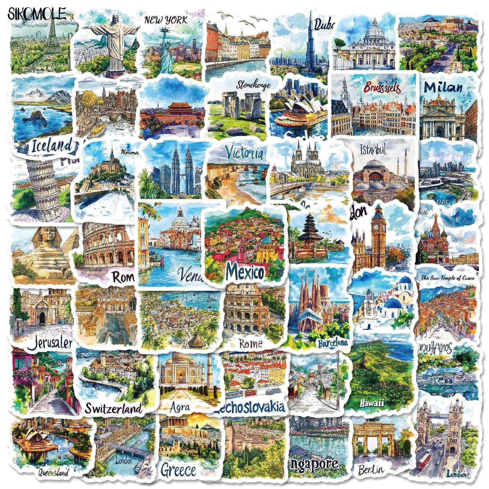 

10/30/50PCS World Famous City Landmark Buildings Graffiti Stickers Aesthetic Hand Drawn Decal DIY Car Laptop Skateboard Sticker