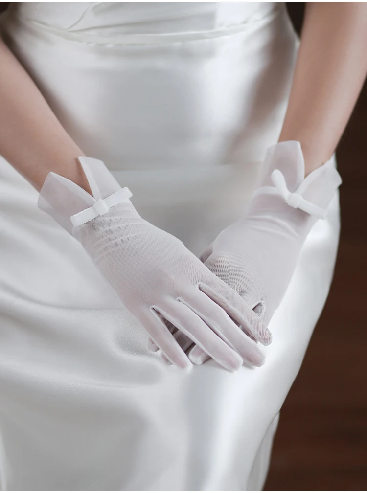 Vrouwen Witte Tule Bruidshandschoenen Voor Bruiloft Met Strik Bruiden Bruidsmeisje Theekransje Pols Handschoenen Voor Vrouwen Hochzeit Zubehör