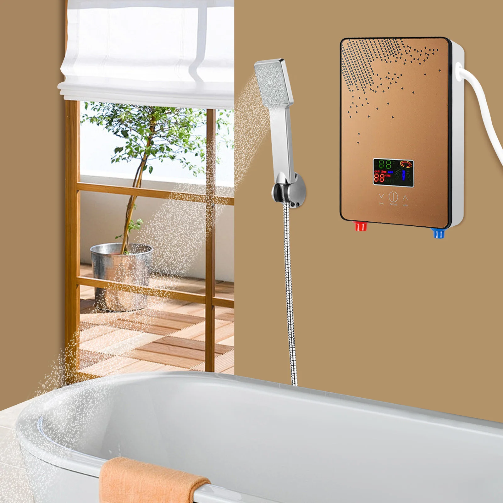 

Gold Electric Water Heater 110V with Color Screen Main Unit & 3-Piece Shower Set - Premium Shower Experience