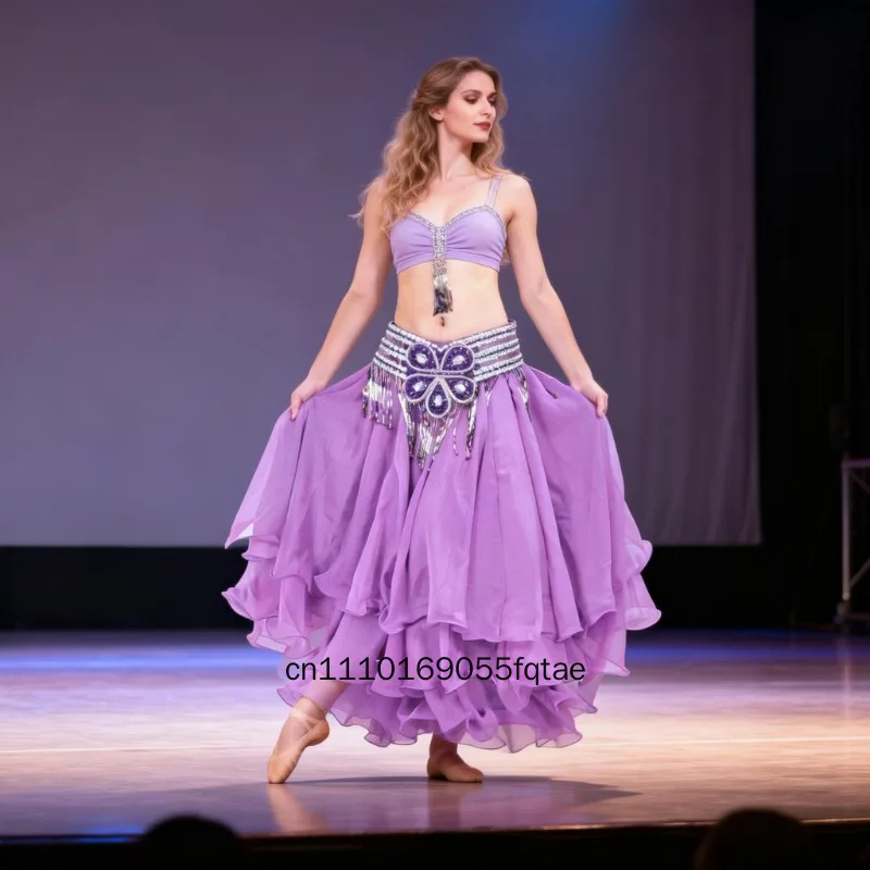 Nueva falda rizada de gasa de tres capas para mujer, traje de danza del vientre oriental sin cinturón, falda de flamenco española para actuaciones en escenario