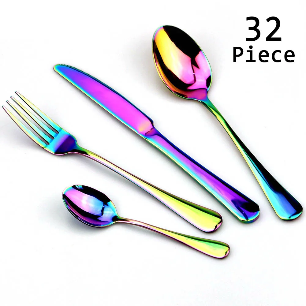 

32Pcs Rainbow Colorful Cutlery Set Stainless Steel Knife Fork Spoon Dinner Dinnerware Western Kitchen Tableware Dishwasher Safe