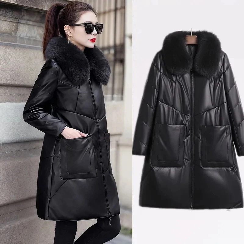 Women's Winter Long Loose Soft Leather Cotton Jacket Korean Fashion Fur Collor Puffer Jacket Large Size PU Leather Parkas Coat