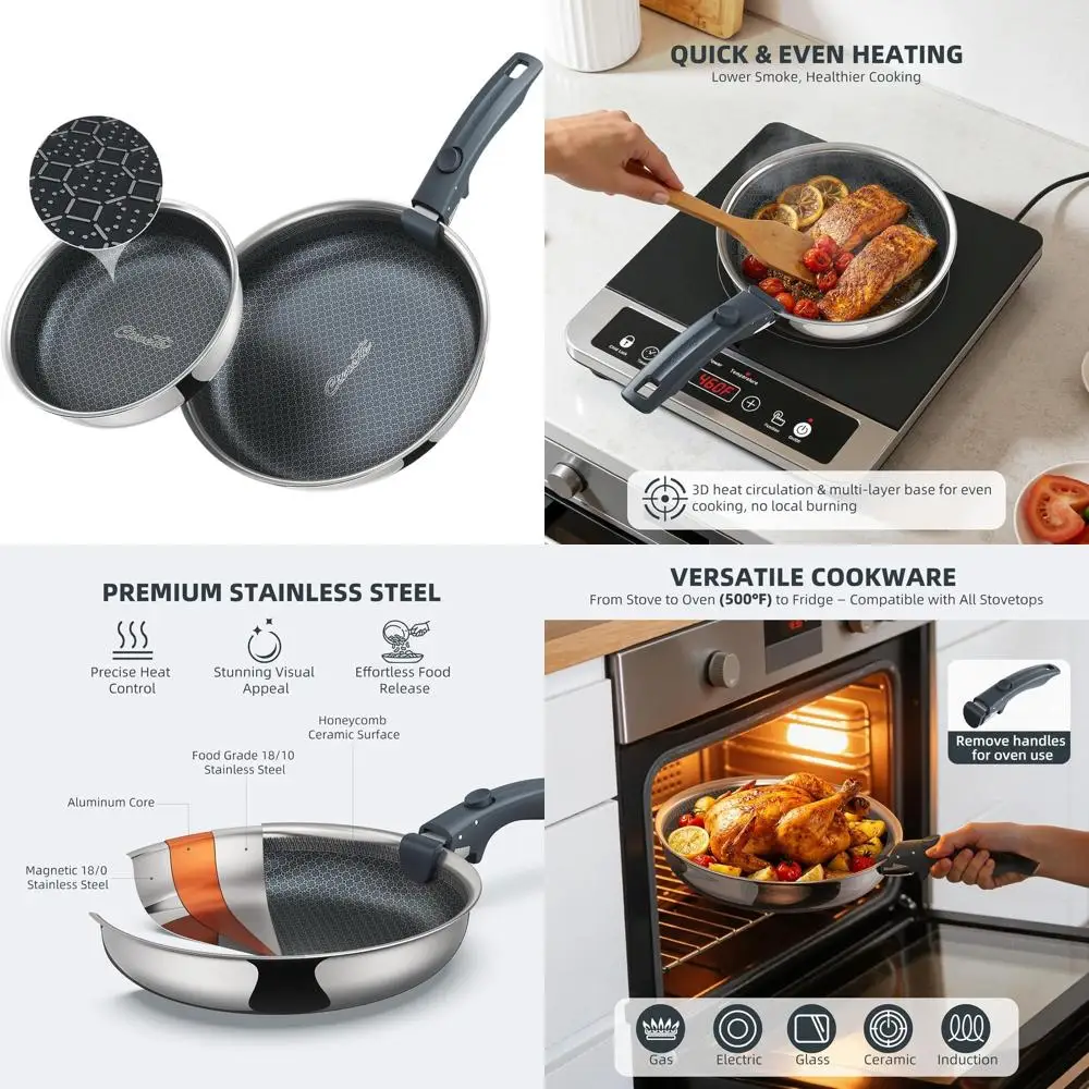 

Набор из 3-х сковородок с антипригарным покрытием из трехслойной нержавеющей стали, 8 и 9,5 дюймов, со съемной ручкой, подходит для всех типов плит, посудомоечных машин и духовок.