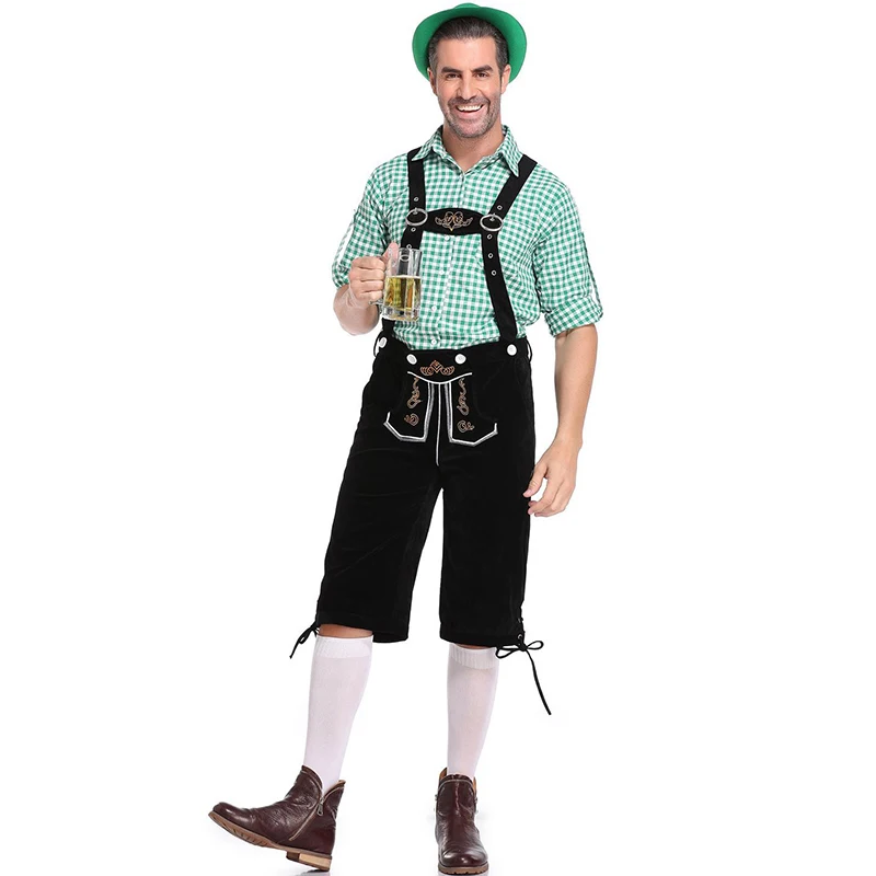 Germany Oktoberfest Costumes Adult Men Traditional Bavarian Beer Shorts Outfit Overalls Shirt Hat Suspenders Set Halloween Cloth