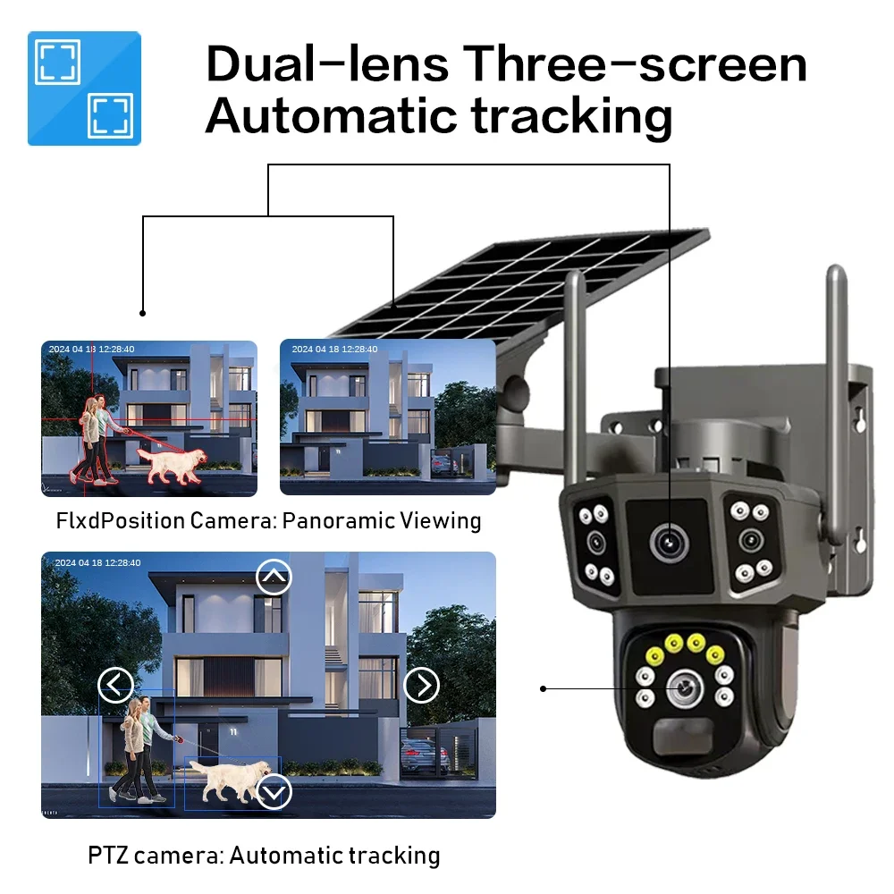 4K 2-Lens 2-Screen Solar PTZ IP Camera V380 10X wireless WIFI solar CCTV 4G SIM Card Battery Solar Outdoor Video Security Camera