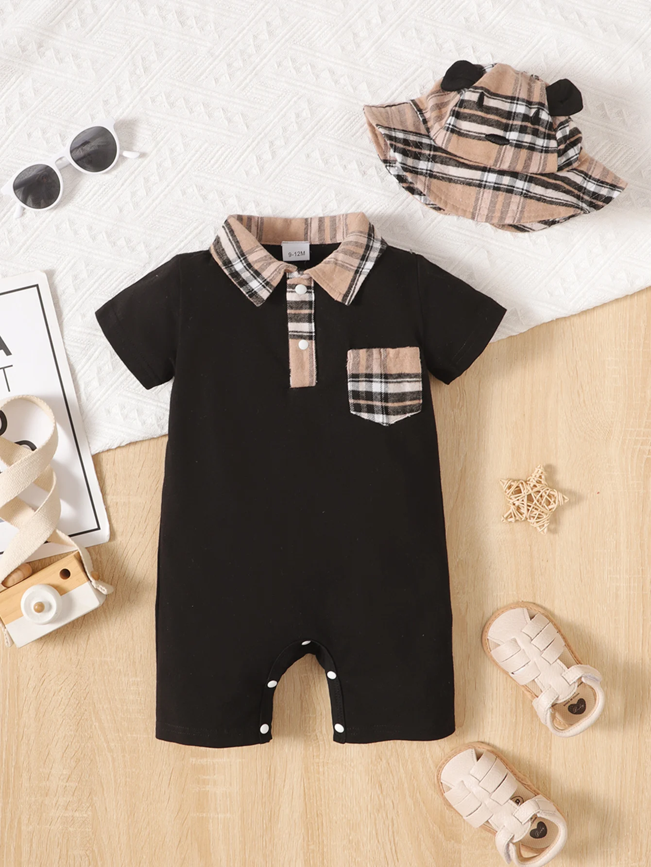 Fashion Summer BabyBoys Black Onesie Plaid Patchwork Pocket Polo Collar Short-Sleeved Hattie Teddy Bear Embroidered FishermanHat