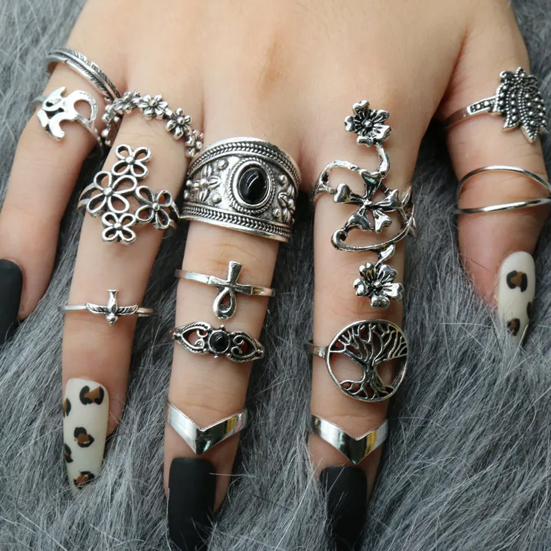30 teil/los Großhandel Fabrik Vintage Shell Geschnitzte Blatt Finger Ringe Für Frauen Schwarz Emaille Große Blume Stern Mond Party Schmuck geschenk – Detail 14