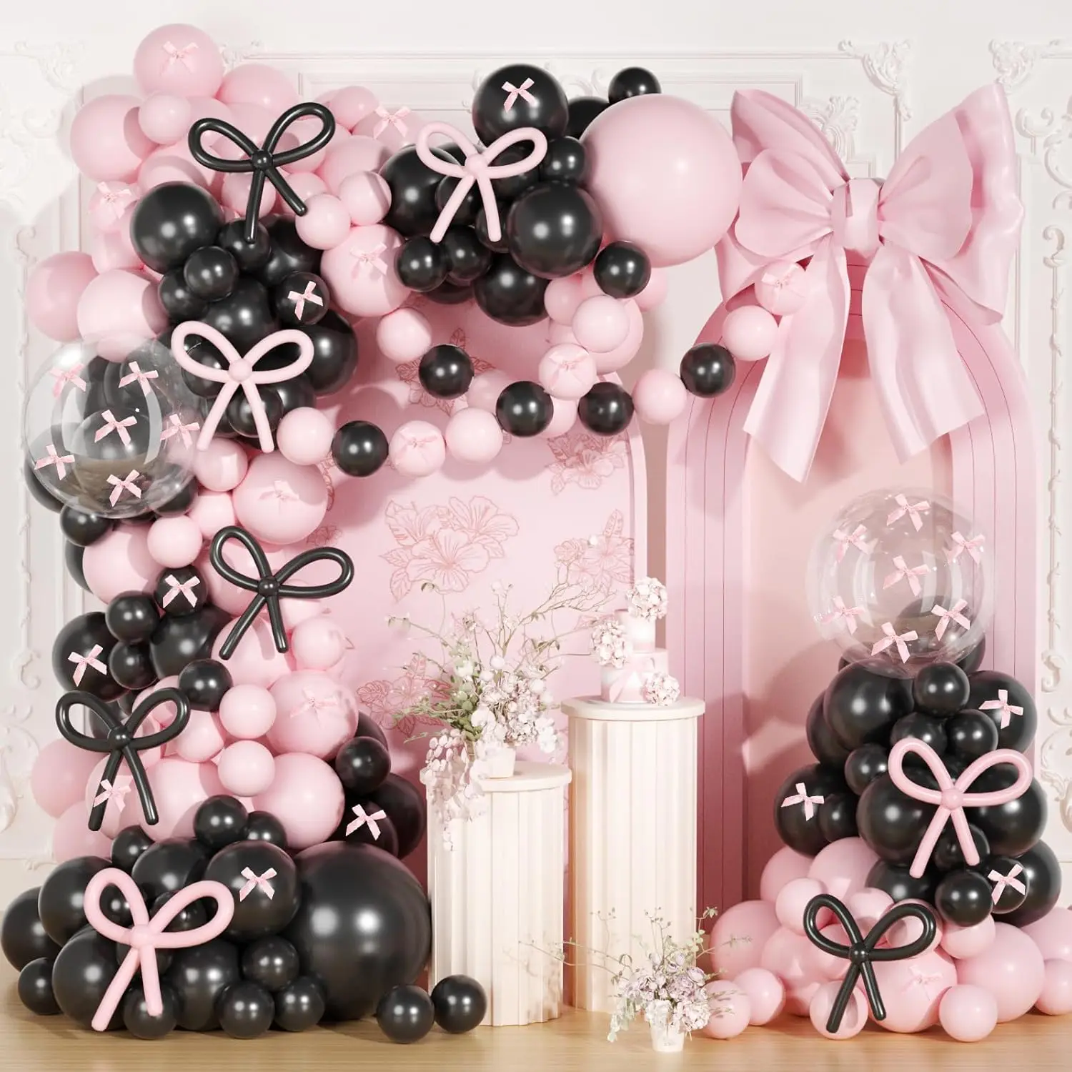 Kit de arco de globos con lazo rosa y negro, 105 Uds., con 260 globos, tema de lazo, decoraciones para fiesta de cumpleaños, despedida de soltera, Baby Shower