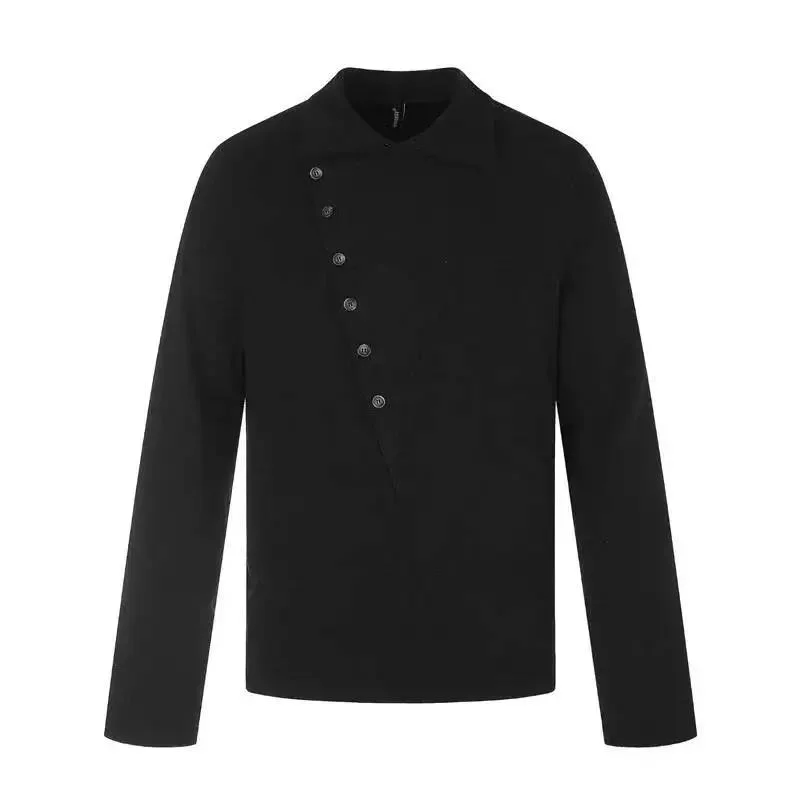 Deconstructed Design Long Sleeve Men's T Shirt Button Decoration Cleanfit Versatile Black Turtleneck Pullover Top CSMS