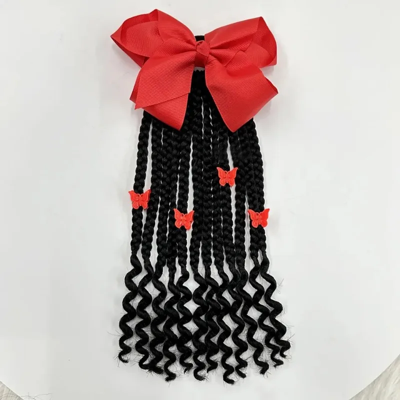 Kids Braided Ponytail with Beads and Bow Kids Hair Extension Ponytail with Curly End for Girls Black Girl Hair Accessories